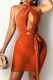 Tangerine Red Sexy Solid Patchwork Asymmetrical Mesh Wrapped Skirt Dresses
