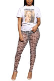 White Fashion Sexy adult Letter Patchwork Print Two Piece Suits pencil Short Sleeve Two Pieces