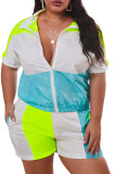 purple Fashion Casual adult Ma'am Turndown Collar Patchwork Zippered Two Piece Suits Zipper Plus Size
