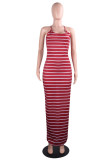 Grey Sexy Fashion Spaghetti Strap Sleeveless Slip Step Skirt Floor-Length Striped Casual Dress