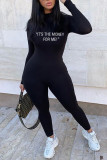 Black Casual Letter Print O Neck Regular Jumpsuits