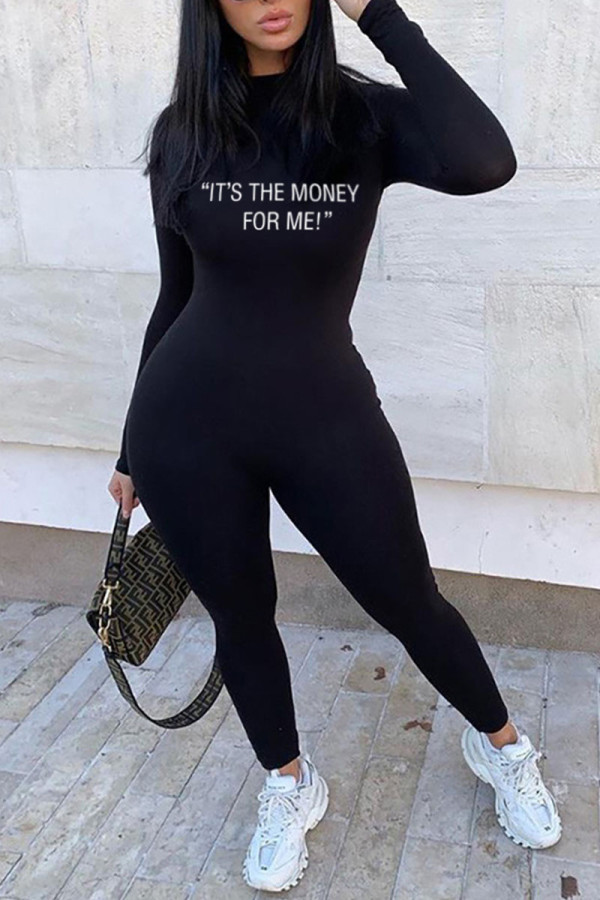 Black Casual Letter Print O Neck Regular Jumpsuits