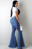 Blue Denim Button Fly Sleeveless High Patchwork Hole Solid Boot Cut Pants Pants