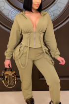 Olive green Daily Patchwork Solid Patchwork V Neck Long Sleeve Regular Sleeve Two Pieces