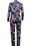 Black venetian Casual Patchwork Print Two Piece Suits Straight Long Sleeve Two-piece Pants Set