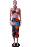 Red Sexy Print Hollowed Out Halter Sleeveless Two Pieces