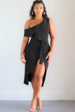 Black OL Cap Sleeve Short Sleeves one shoulder collar Hip skirt Mid-Calf Patchwork Solid Club D