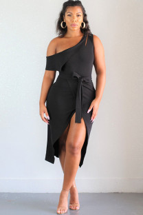 Black OL Cap Sleeve Short Sleeves one shoulder collar Hip skirt Mid-Calf Patchwork Solid Club D
