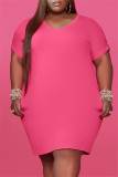 Light Blue Fashion Casual Plus Size Solid Basic V Neck Short Sleeve Dress