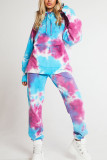 Blue Sportswear Spandex Blends Print Draw String Tie-dye Hooded Collar Long Sleeve Regular Sleeve Regular Two Pieces