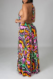 Multicolor Fashion Sexy Print Backless Spaghetti Strap Sleeveless Dress