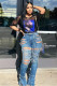 Blue Denim Button Fly Sleeveless High Hole Solid Patchwork Boot Cut Pants Pants