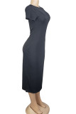 Cyan Fashion Casual White Red Black Orange Yellow Cyan Cap Sleeve Short Sleeves O neck Pencil Dress Mid-Calf Solid Dresses