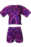Blue Fashion Casual Camouflage Print Basic O Neck Short Sleeve Two Pieces