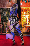 Blue Sexy Print Without Belt O Neck Regular Jumpsuits