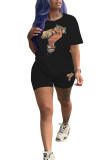 Black Fashion Casual Print Two Piece Suits pencil Short Sleeve Two Pieces