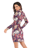 Grey Fashion Sexy Cap Sleeve Long Sleeves O neck Step Skirt Knee-Length Patchwork Print 