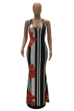Red Fashion Spaghetti Strap Sleeveless Slip Sheath Floor-Length Paisley Print Floral Dresses