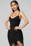 Red Sexy Fashion Spaghetti Strap Sleeveless Slip Asymmetrical Knee-Length asymmetrical Solid P