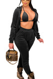 Black Casual Solid Patchwork Hooded Collar Long Sleeve Regular Sleeve Regular Two Pieces