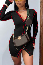 Black Fashion Sexy Solid Patchwork Slit V Neck Long Sleeve Dress