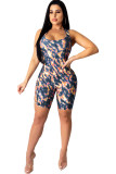 Blue Sexy Hollow Asymmetrical Camouflage Backless Print Chemical fiber blend Sleeveless O Neck Rompers