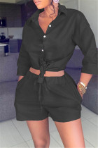 Black Fashion Casual Solid Bandage Turtleneck Three Quarter Two Pieces