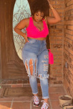 Light Blue Denim Zipper Fly Mid Hole pencil Pants Pants