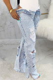 Baby Blue Sexy Solid Ripped High Waist Denim