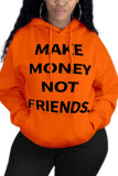 Orange hooded Long Sleeve Print Tops