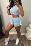 Light Blue Casual Solid Patchwork V Neck Sleeveless Two Pieces
