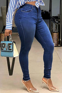 Dark Blue Fashion Casual Solid Pants Mid Waist Skinny Jeans