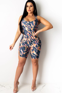 Grey Sexy Hollow Asymmetrical Camouflage Backless Print Chemical fiber blend Sleeveless O Neck Rompers