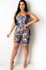 Grey Sexy Hollow Asymmetrical Camouflage Backless Print Chemical fiber blend Sleeveless O Neck Rompers