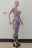 Pink Sexy Casual Print Backless Strapless Skinny Jumpsuits