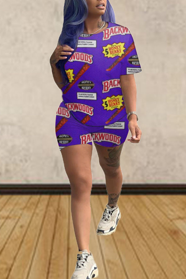 purple Milk Silk Fashion Street Print Two Piece Suits Straight Short Sleeve Two Pieces