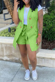 Fruit Green Fashion Casual Striped Print Cardigan Sleeveless Two Pieces