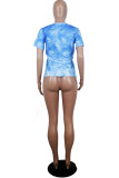 Blue White Blue Orange Yellow colour O Neck Short Sleeve Patchwork Print Character Tops