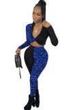 Blue Sexy Patchwork Two Piece Suits Leopard Straight Long Sleeve