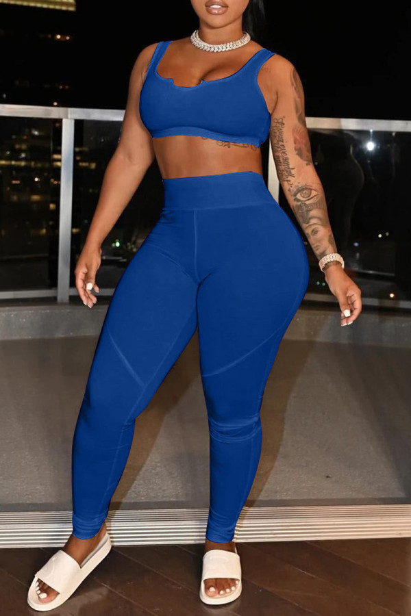 Blue Casual Sportswear Solid Vests Pants U Neck Sleeveless Two Pieces