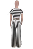 Blue White Fashion Casual Striped Print Basic O Neck Short Sleeve Two Pieces