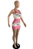 Pink Fashion Sexy Letter Print Hollowed Out V Neck Sleeveless Two Pieces