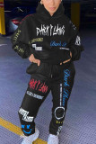 Black British Style Print Hooded Collar Long Sleeve Regular Sleeve Regular Two Pieces