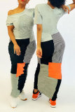 Grey Fashion Casual adult Grey Cap Sleeve Short Sleeves O neck A-Line Ankle-Length Striped Print Patchwork Dresses