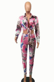 Red Fashion Casual Print Basic Turndown Collar Long Sleeve Two Pieces