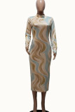 Green Sexy Milk Fiber Print O Neck Long Sleeve Ankle Length Pencil Skirt Dresses