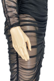 Black Solid Fold O Neck Long Sleeve Dress Plus Size 