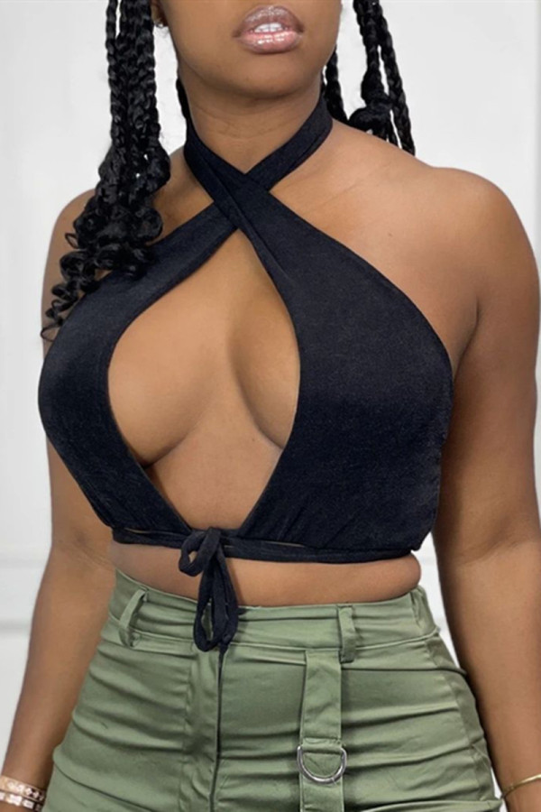 Black Fashion Sexy Solid Hollowed Out Backless Strap Design Halter Tops