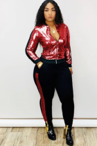 Red Fashion Active adult Patchwork Sequin Gradient Two Piece Suits pencil Long Sleeve Two Pieces