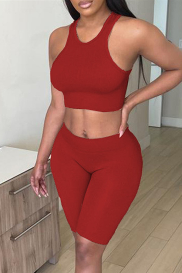 Red Fashion Casual Solid Basic O Neck Sleeveless Two Pieces